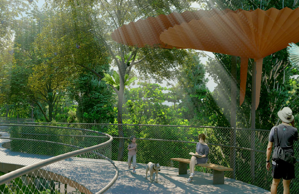 A woman sits on a bench with a dog and child nearby on a raised walkway surrounded by green trees.